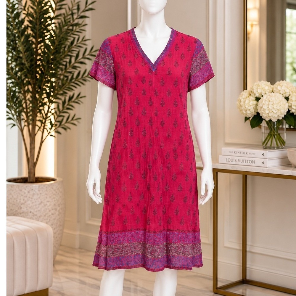 Aarong Womens Kurta Tunic Dress Pink Block Print Short Sleeve Size 36